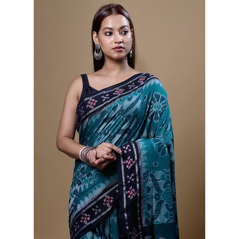 Blue Pure Cotton Saree With Blouse Piece - JD986604830