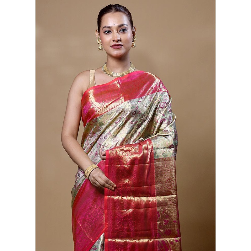 Cream Handloom Kanchipuram Pure Silk Saree With Blouse Piece - JD986604862