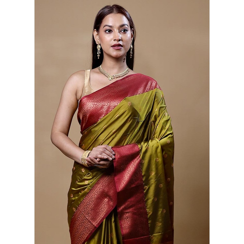 Green Dupion Silk Saree With Blouse Piece - JD986604858