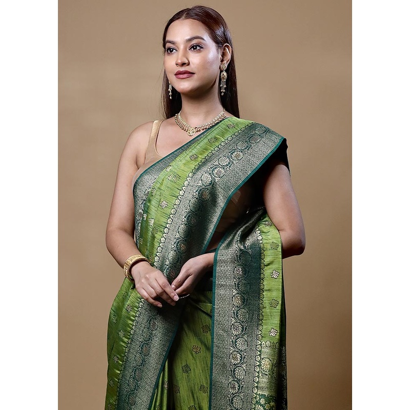 Green Dupion Silk Saree With Blouse Piece - JD986604859