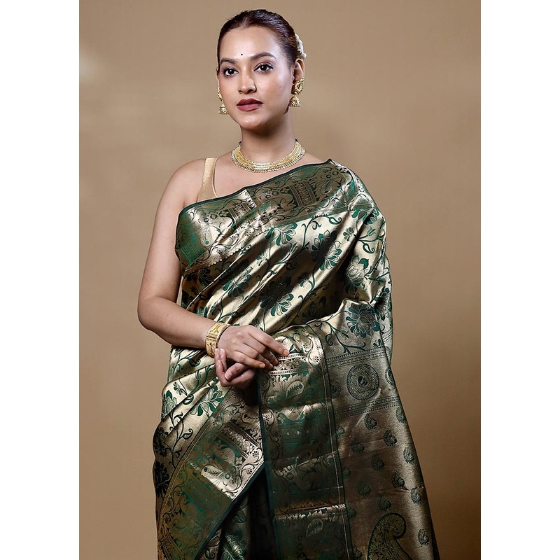 Green Handloom Kanjivaram Pure Silk Saree With Blouse Piece - JD986604856