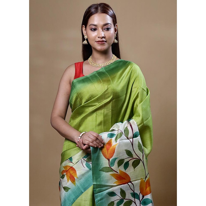 Green Printed Pure Silk Saree Without Blouse Piece - JD986604829