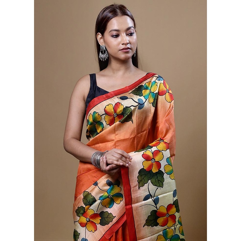 Orange  Printed Pure Silk Saree Without Blouse Piece - JD986604827