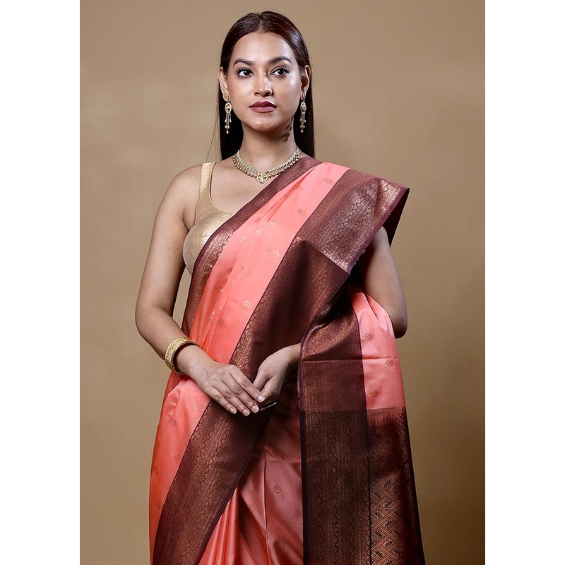 Peach Dupion Silk Saree With Blouse Piece - JD986604848
