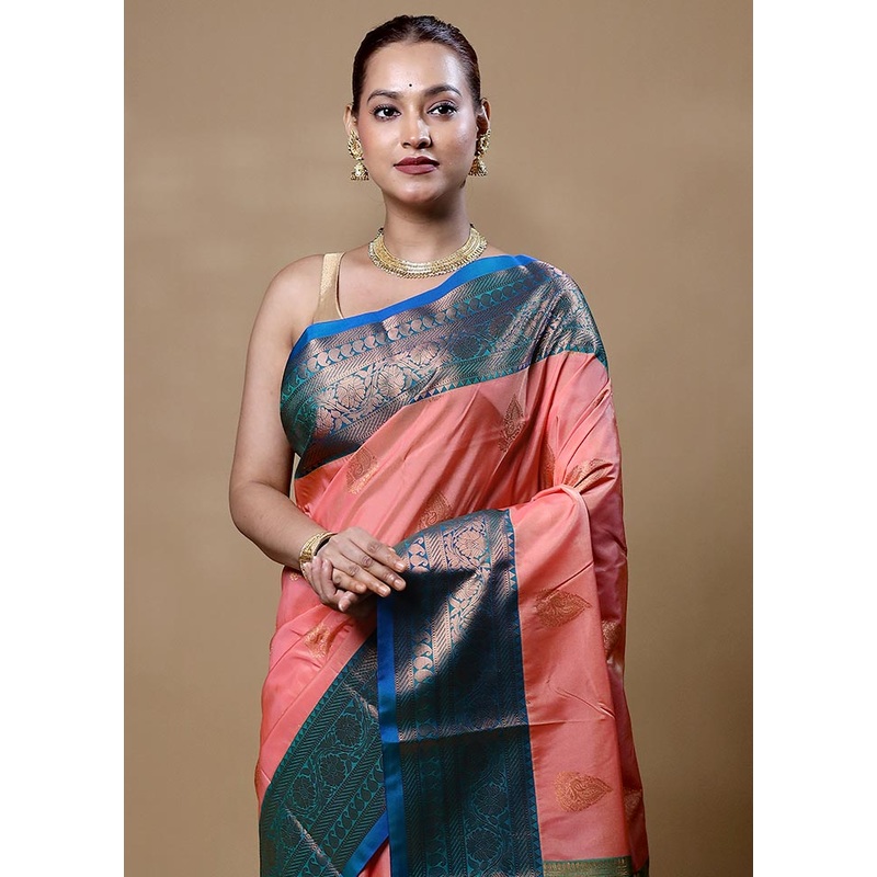 Peach Kanjivaram Silk Saree With Blouse Piece - JD986604847