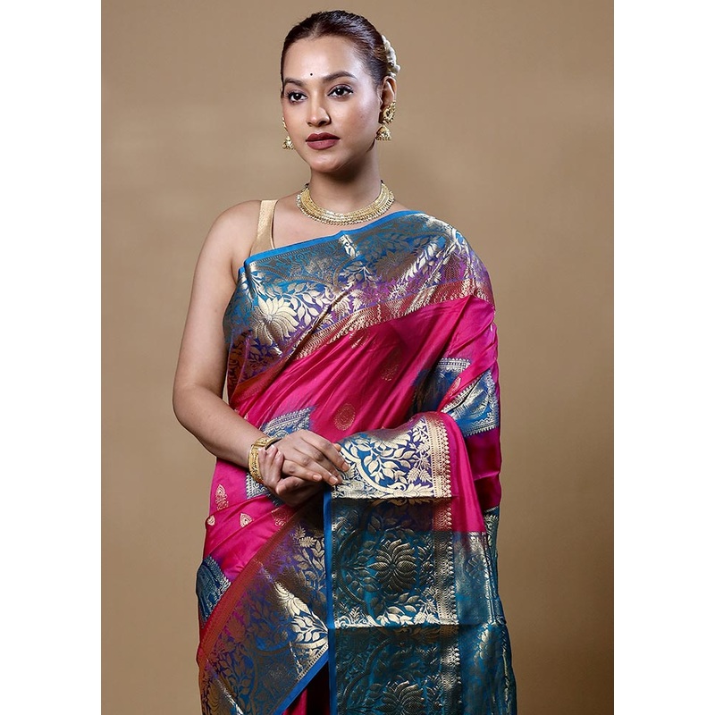 Pink Handloom Kanchipuram Pure Silk Saree With Blouse Piece - JD986604845