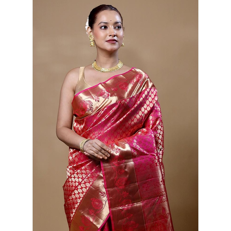 Pink Handloom Kanjivaram Pure Silk Saree With Blouse Piece - JD986604844