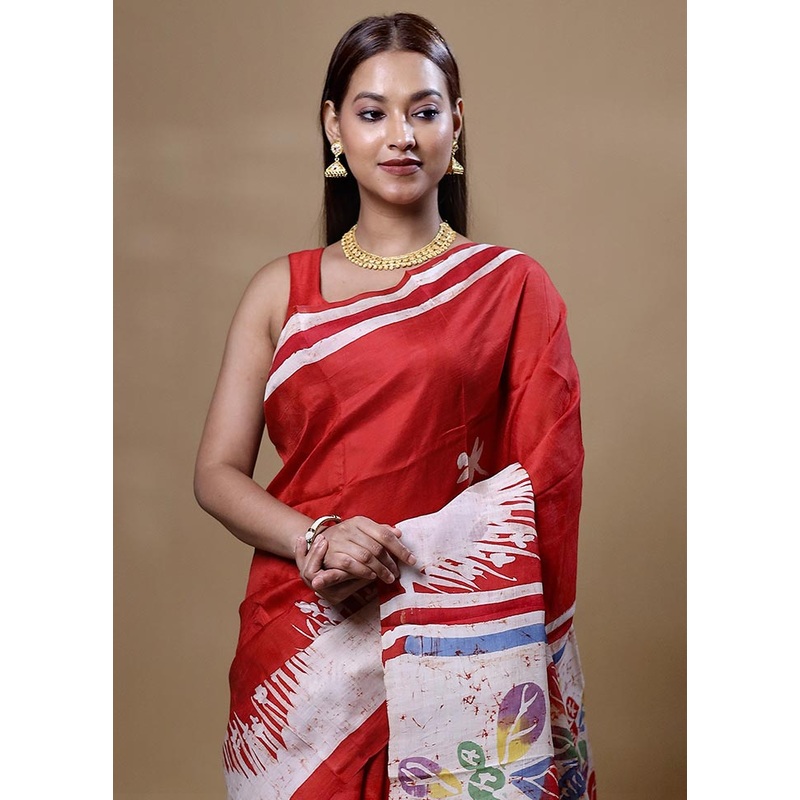 Red  Printed Pure Silk Saree Without Blouse Piece - JD986604824
