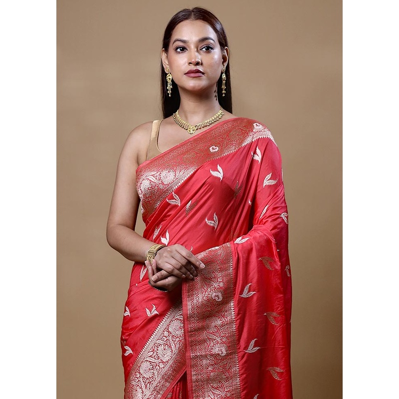 Rust Dupion Silk Saree With Blouse Piece - JD986604842