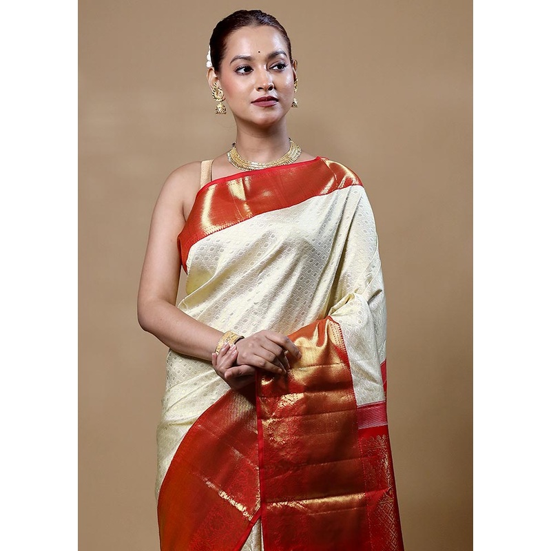 White Handloom Kanchipuram Pure Silk Saree With Blouse Piece - JD986604840