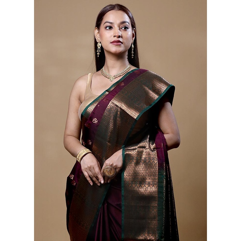 Wine Dupion Silk Saree With Blouse Piece - JD986604839