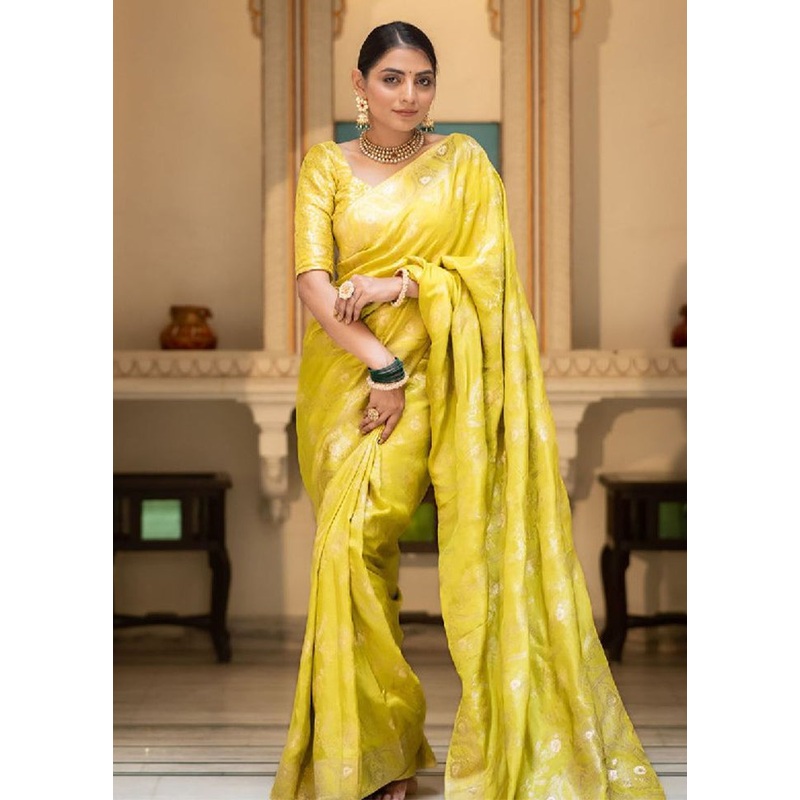 Yellow Banarasi Silk Saree With Blouse Piece - JD986604877
