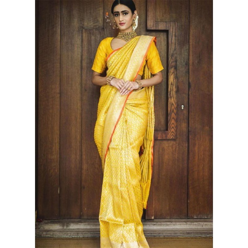 Yellow Banarasi Silk Saree With Blouse Piece - JD986604878