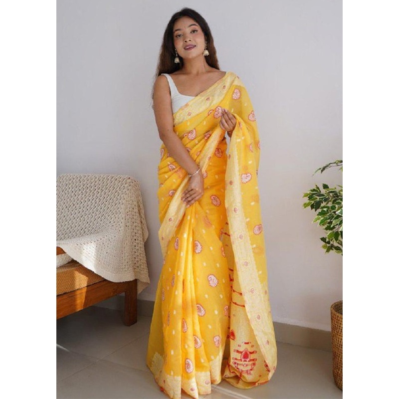 Yellow Cotton Saree With Blouse Piece - JD986604874
