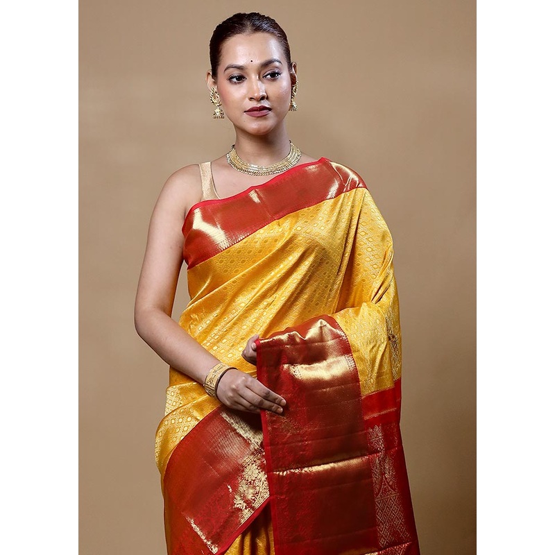 Yellow Handloom Kanchipuram Pure Silk Saree With Blouse Piece - JD986604835