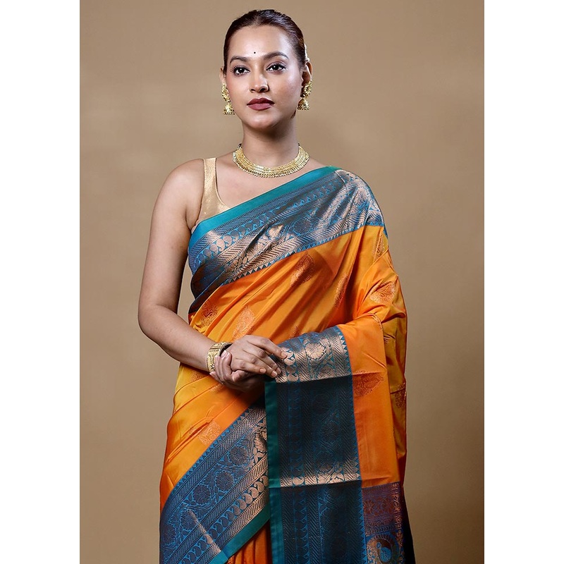 Yellow Kanjivaram Silk Saree With Blouse Piece - JD986604833