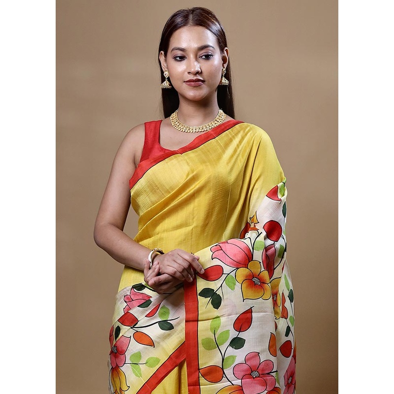 Yellow Printed Pure Silk Saree Without Blouse Piece - JD986604820