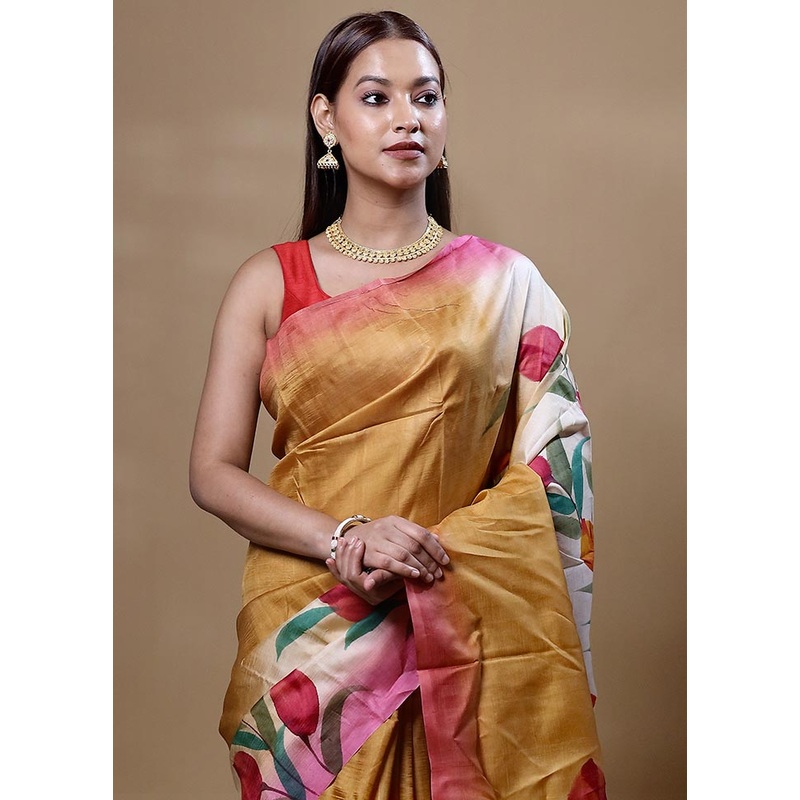 Yellow Printed Pure Silk Saree Without Blouse Piece - JD986604821