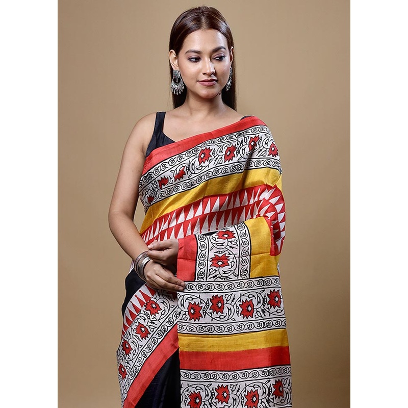 Yellow Printed Pure Silk Saree Without Blouse Piece - JD986604822