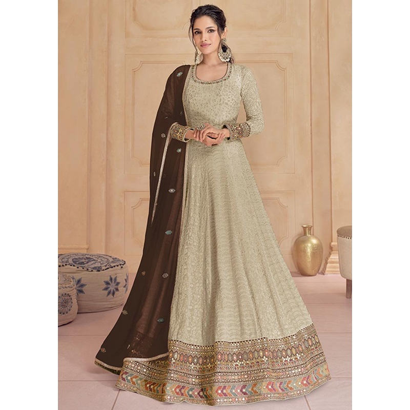 3 Pc Beige Semi Stitched Georgette Suit Set - JD986604664