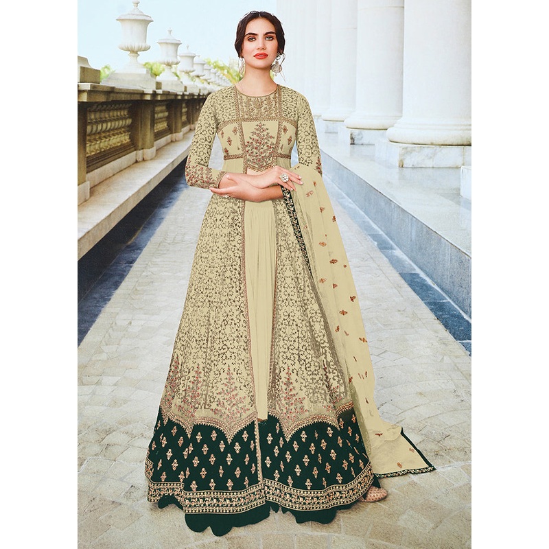 3 Pc Beige Semi Stitched Net Suit Set - JD986604663