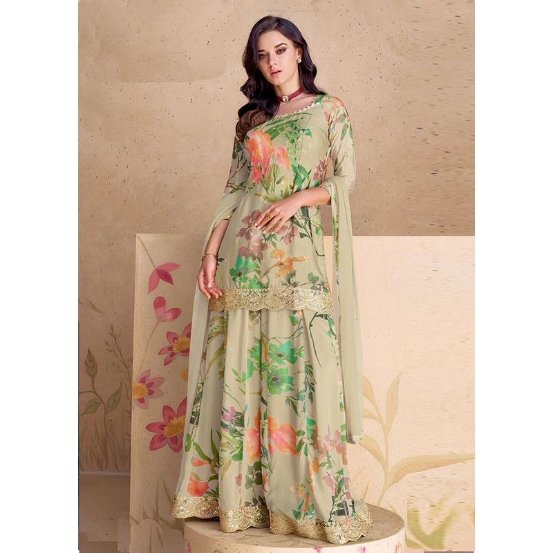 3 Pc Beige Semi Stitched Silk Suit Set - JD986604662