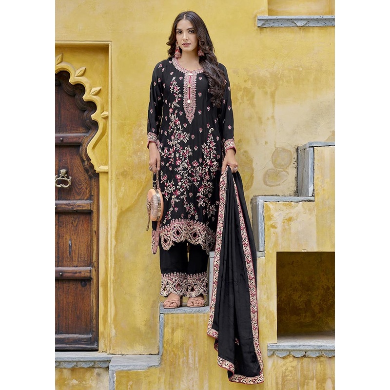 3 Pc Black Pure Semi Stitched Silk Suit Set - JD986604661