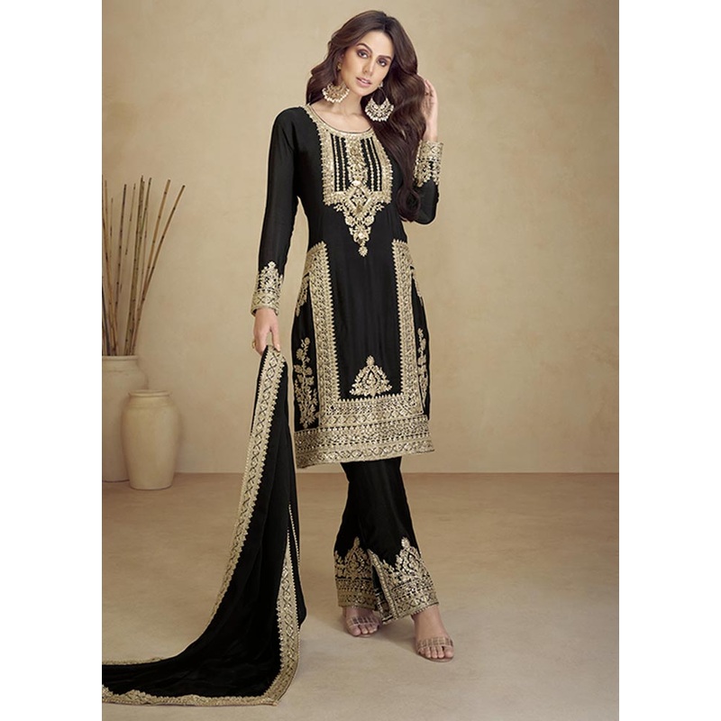 3 Pc Black Semi Stitched Georgette Suit Set - JD986604652