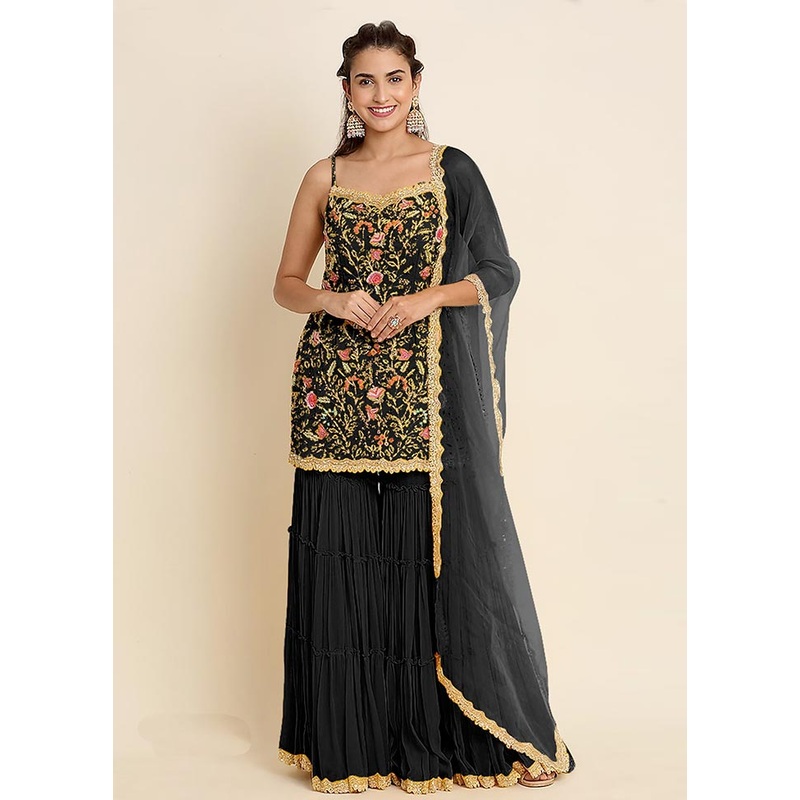 3 Pc Black Semi Stitched Georgette Suit Set - JD986604653