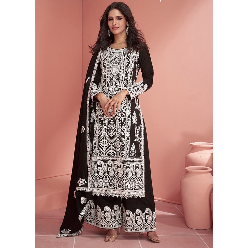 3 Pc Black Semi Stitched Georgette Suit Set - JD986604654