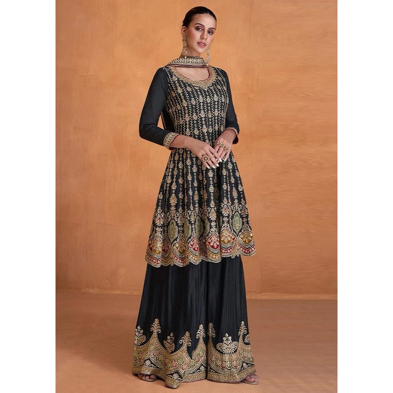 3 Pc Black Semi Stitched Georgette Suit Set - JD986604655