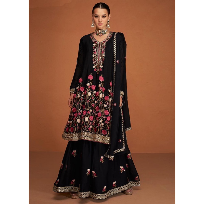 3 Pc Black Semi Stitched Georgette Suit Set - JD986604656