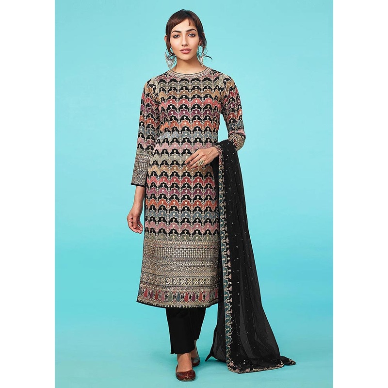 3 Pc Black Semi Stitched Georgette Suit Set - JD986604657