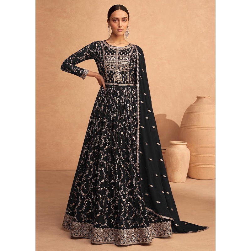 3 Pc Black Semi Stitched Georgette Suit Set - JD986604658