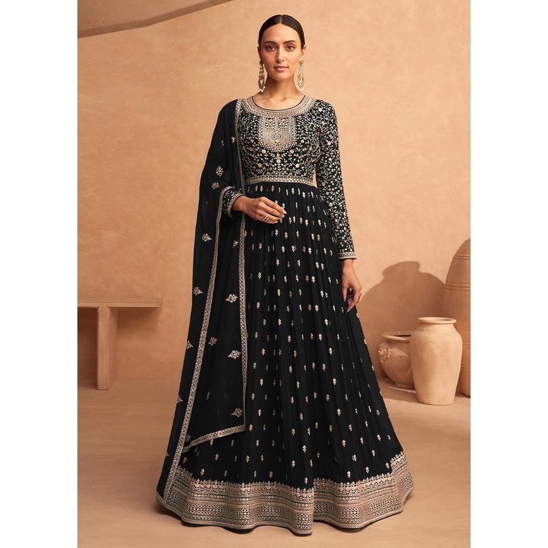 3 Pc Black Semi Stitched Georgette Suit Set - JD986604659