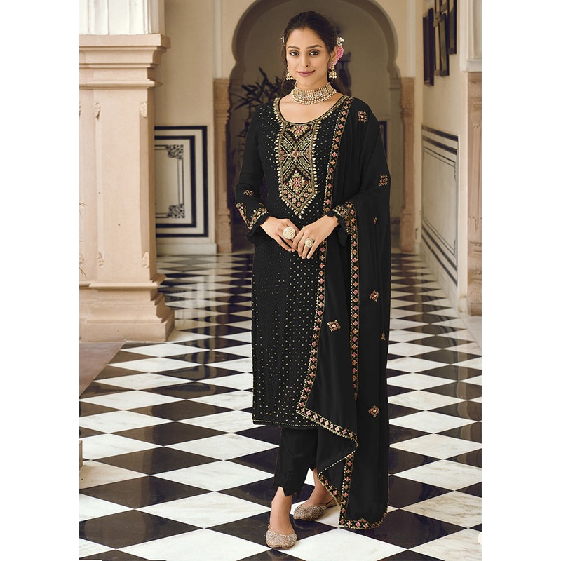 3 Pc Black Semi Stitched Georgette Suit Set - JD986604660