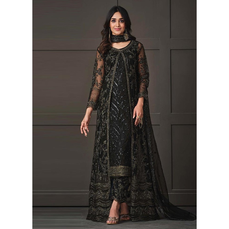 3 Pc Black Semi Stitched Net Suit Set - JD986604649