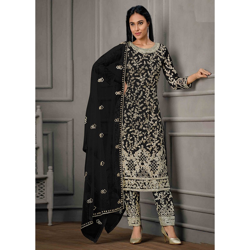 3 Pc Black Semi Stitched Net Suit Set - JD986604651