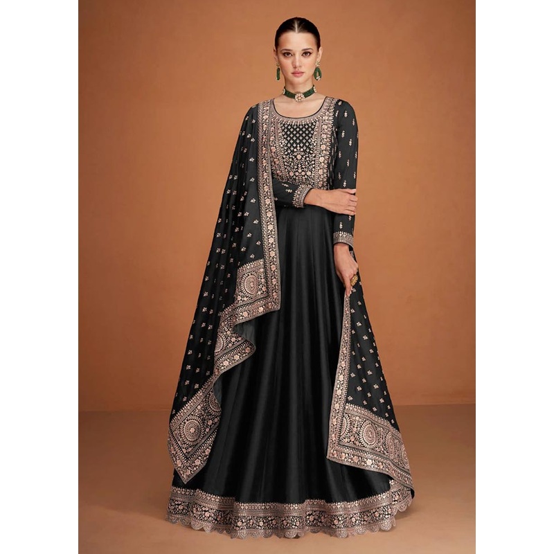 3 Pc Black Semi Stitched Silk Suit Set - JD986604648
