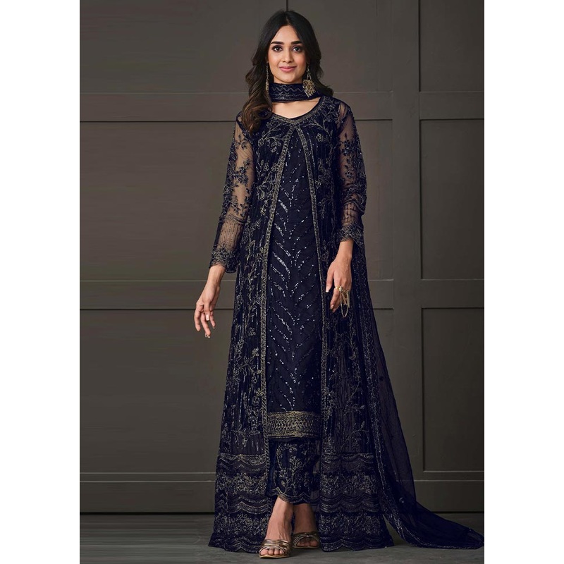 3 Pc Blue Semi Stitched Net Suit Set - JD986604647