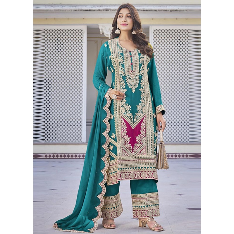3 Pc Blue Semi Stitched Silk Suit Set - JD986604640