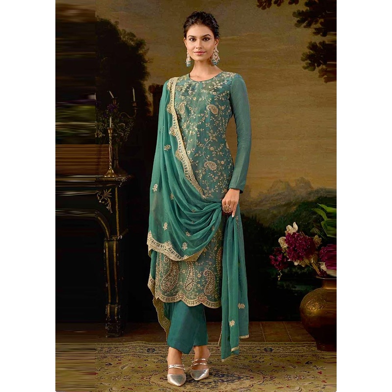 3 Pc Blue Semi Stitched Silk Suit Set - JD986604641