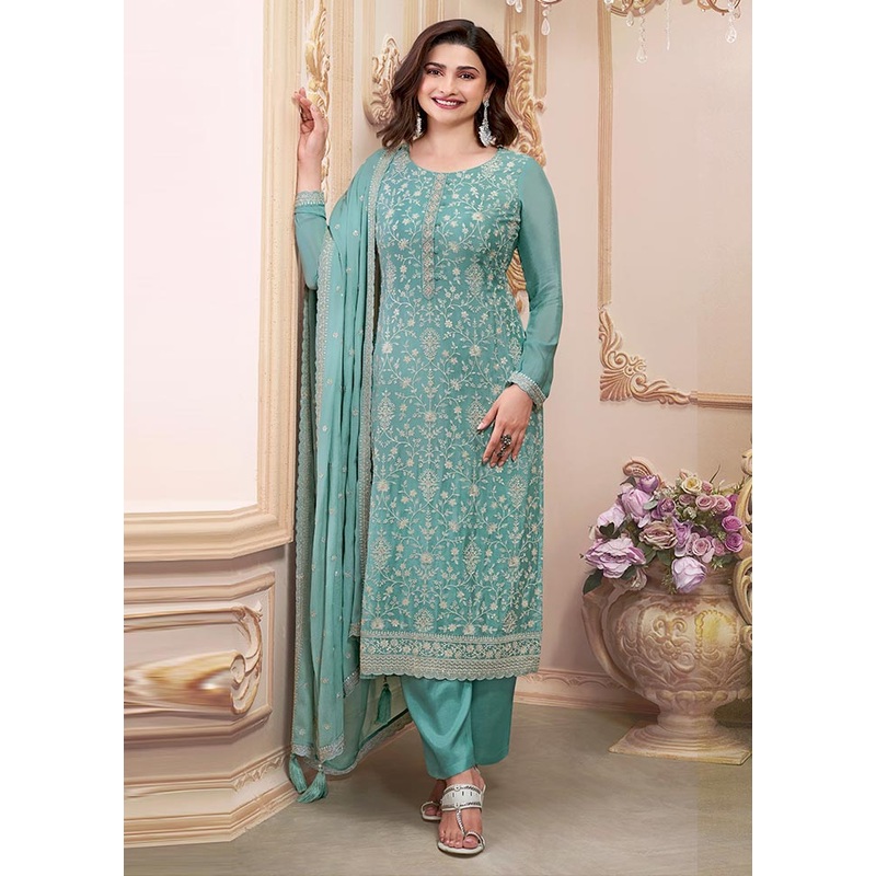 3 Pc Blue Semi Stitched Silk Suit Set - JD986604642