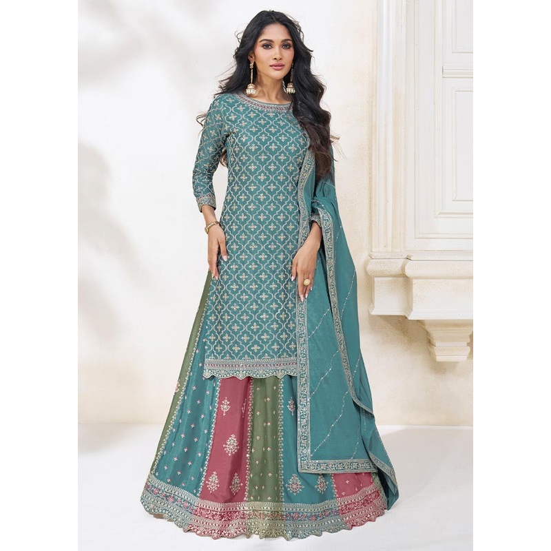 3 Pc Blue Semi Stitched Silk Suit Set - JD986604643
