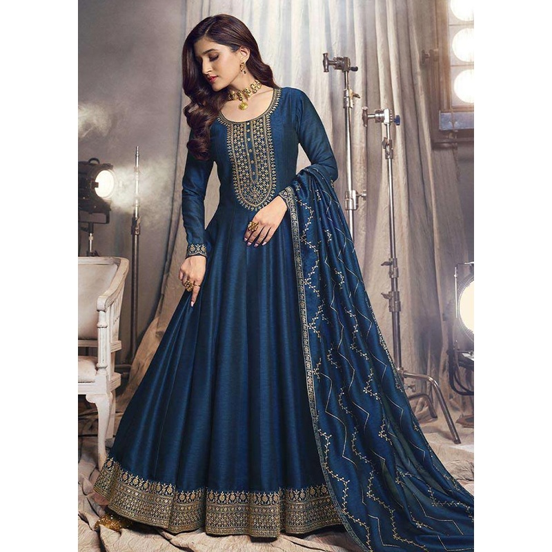 3 Pc Blue Semi Stitched Silk Suit Set - JD986604644