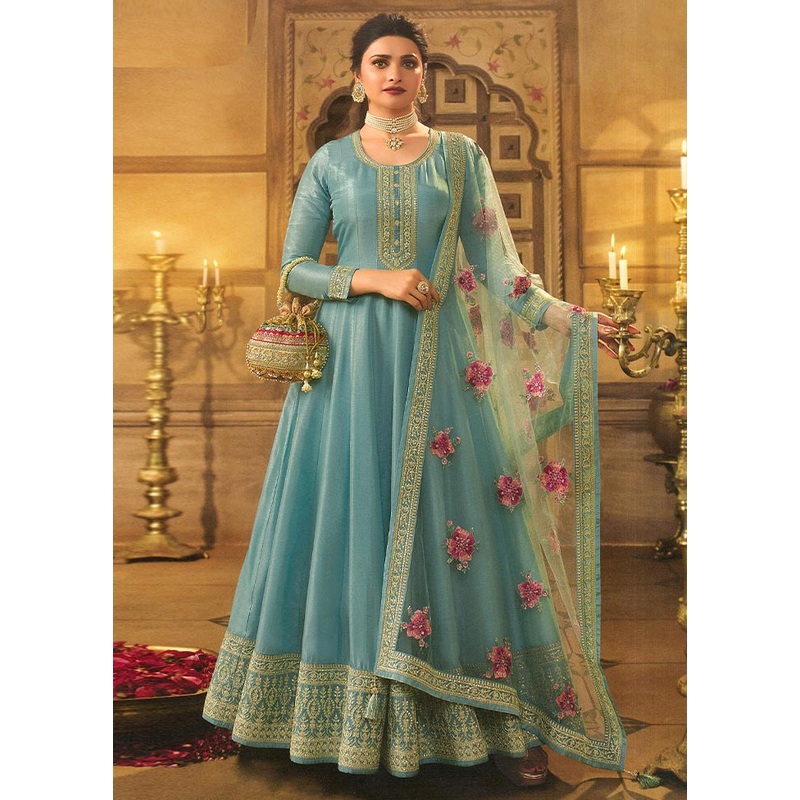 3 Pc Blue Semi Stitched Silk Suit Set - JD986604645