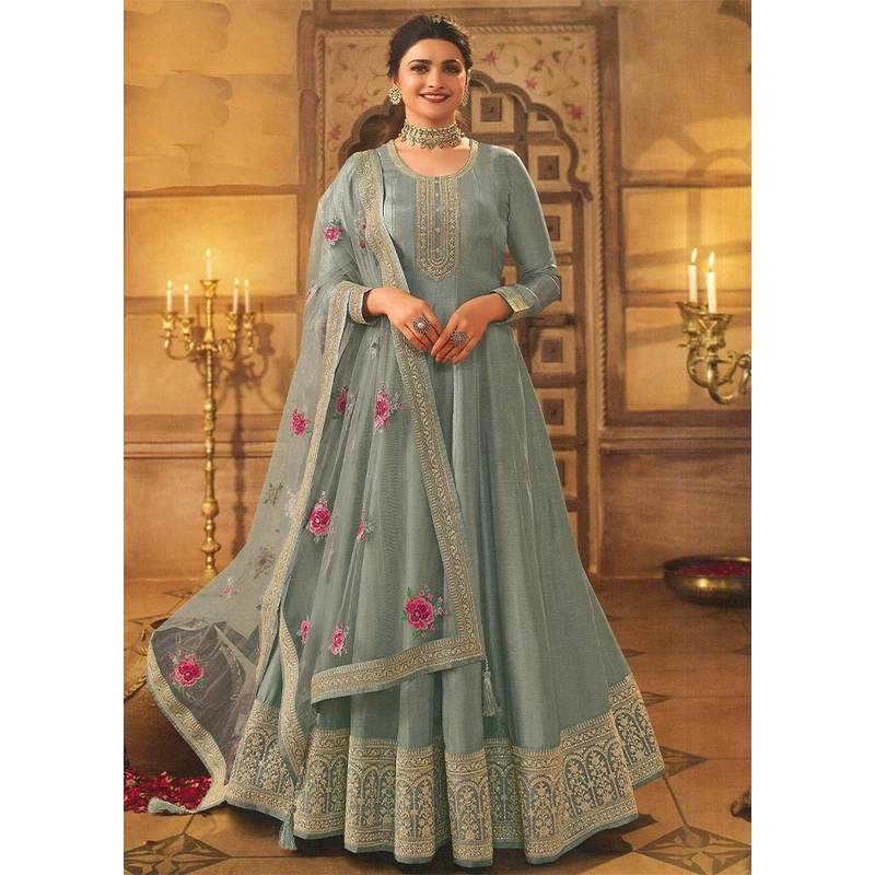 3 Pc Blue Semi Stitched Silk Suit Set - JD986604646