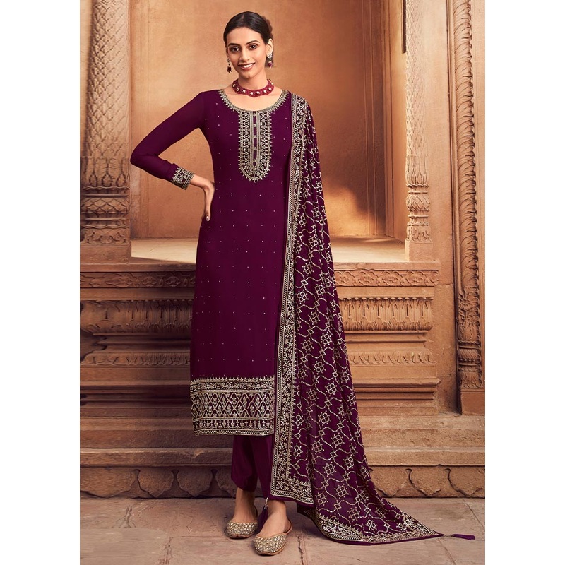 3 Pc Burgundy Semi Stitched Georgette Suit Set - JD986604638