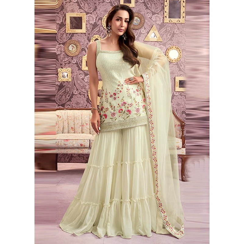 3 Pc Cream Semi Stitched Georgette Suit Set - JD986604634