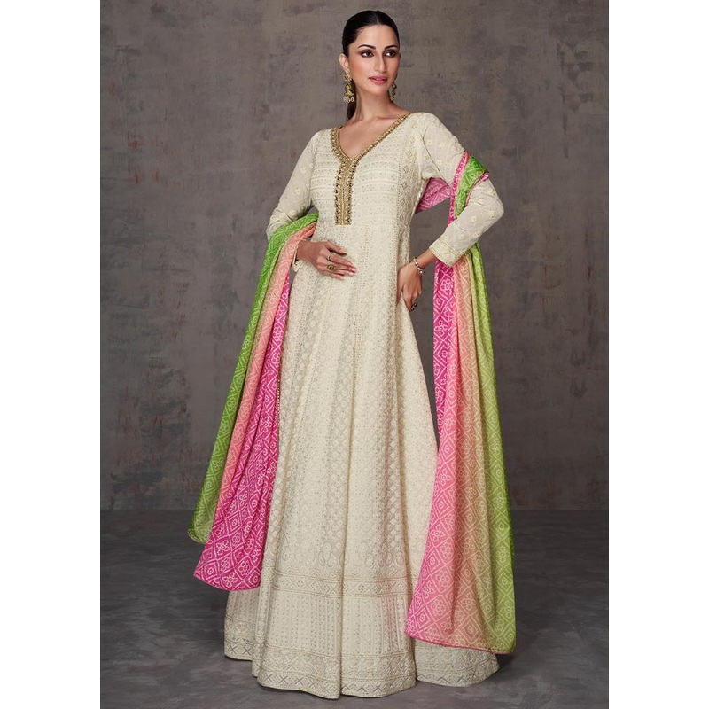 3 Pc Cream Semi Stitched Georgette Suit Set - JD986604635